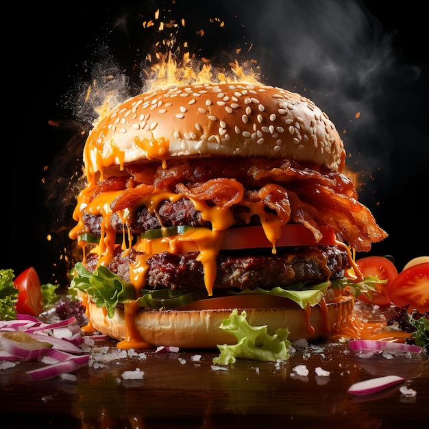 hamburguesa tocino con dos rebanadas de carne tomate cebolla lechuga volando jugoso avión negro