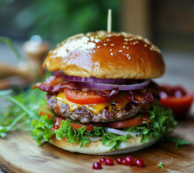 Foto una hamburguesa con tocino y lechuga