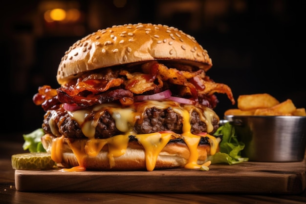 Foto una hamburguesa con tocino y papas fritas en una mesa de madera