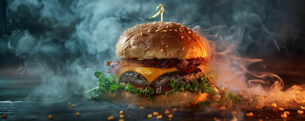 Hamburguesa con tocino de queso derretido y lechuga en un pan de semillas de sésamo que emerge de la niebla brumosa