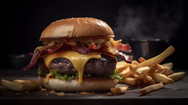 Una hamburguesa con tocino y queso en una mesa de la que sale humo