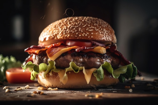 Una hamburguesa con tocino y queso sobre una mesa de madera.