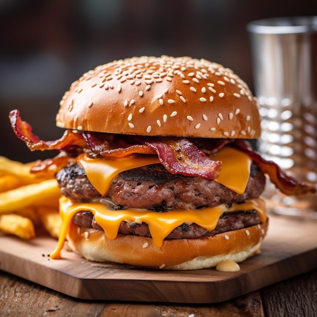 Una hamburguesa con tocino y queso en una tabla de madera