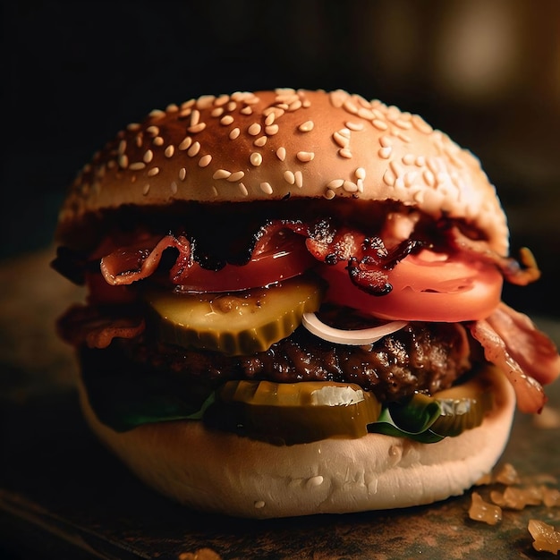 Una hamburguesa con tocino, tomate y tocino encima.