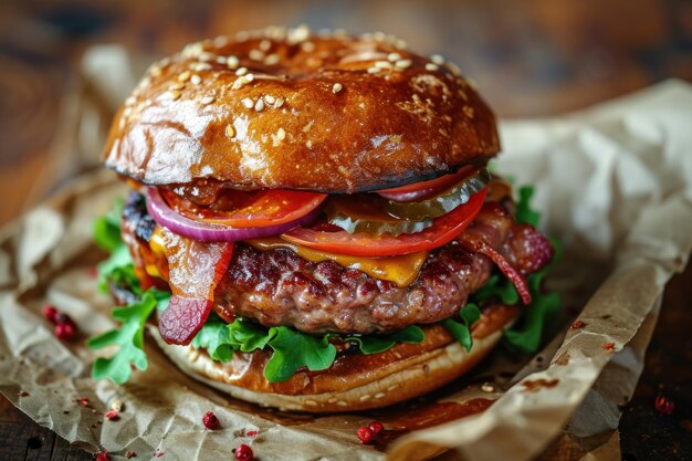 Una hamburguesa con tocino y tomates.