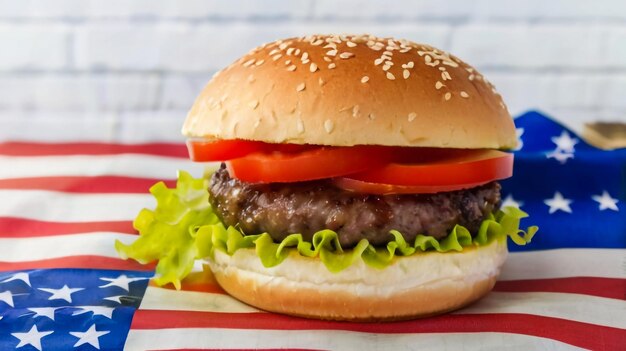 Foto una hamburguesa con un tomate en ella se sienta en una servilleta roja y blanca