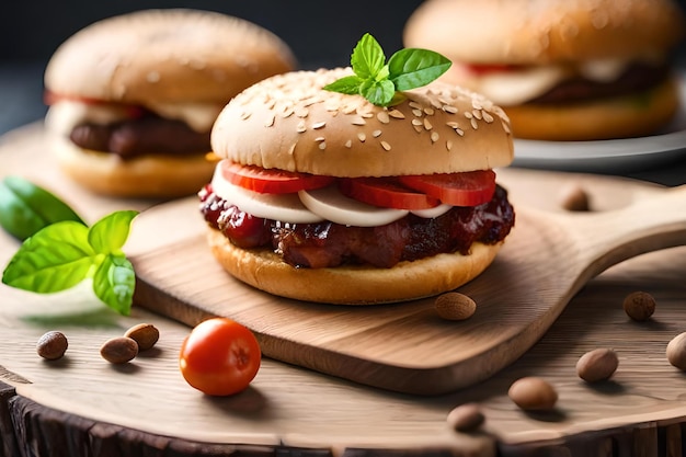 Una hamburguesa con un tomate encima