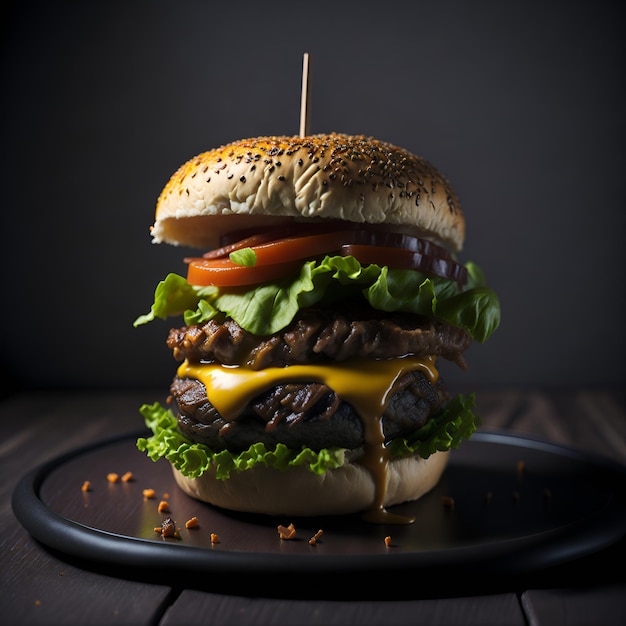 Una hamburguesa con tomate está en un plato.