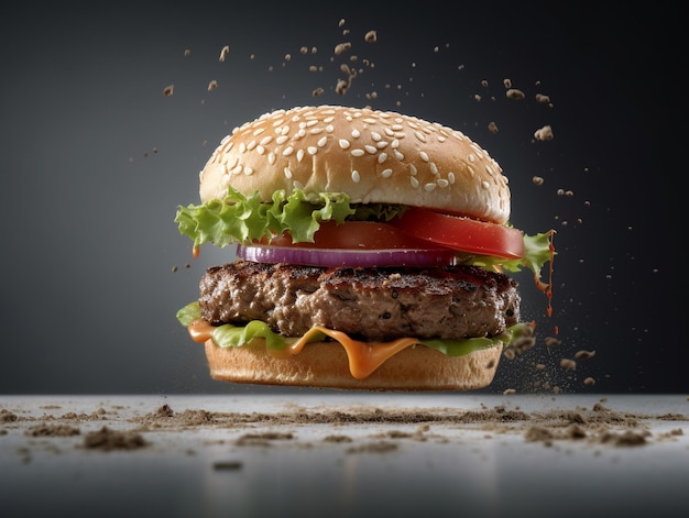 Una hamburguesa con tomate, lechuga y cebolla encima.