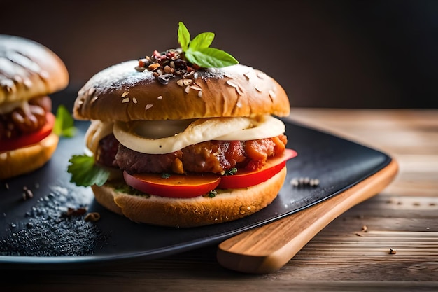 Una hamburguesa con tomate y queso en una tabla para cortar