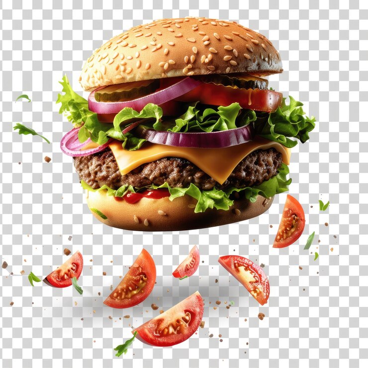 una hamburguesa con tomates y cebollas