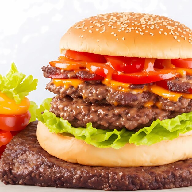 una hamburguesa con tomates y un tomate encima.