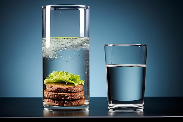 Una hamburguesa con un vaso de agua en el lado