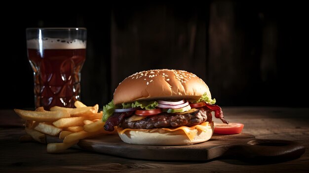 Una hamburguesa con un vaso de cerveza al lado.