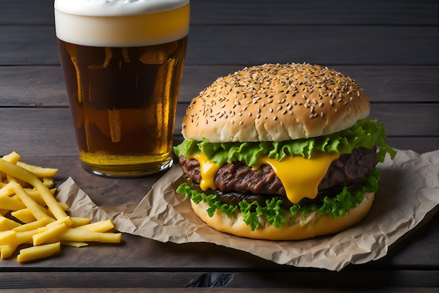 Una hamburguesa y un vaso de cerveza al lado.