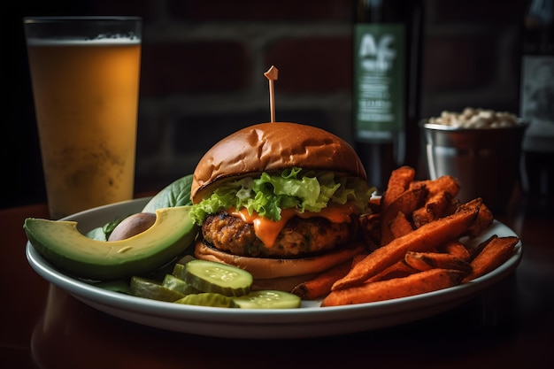 Una hamburguesa con un vaso de cerveza al lado.