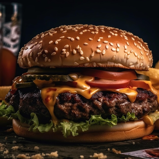 Una hamburguesa con un vaso de cerveza y un vaso de cerveza.