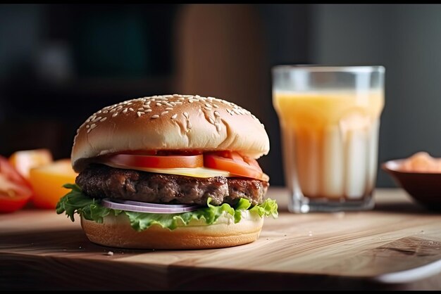 Una hamburguesa con un vaso de jugo de naranja al lado