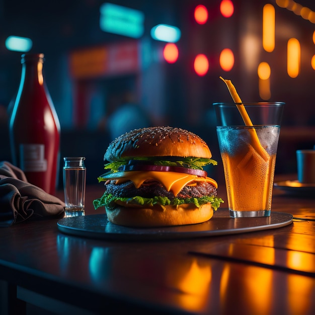 Una hamburguesa y un vaso de jugo de naranja se sientan en la barra de un bar.