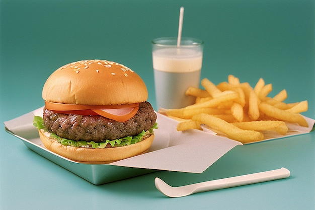 Una hamburguesa con un vaso de leche y una pajita.