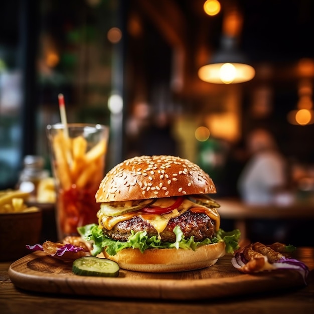 Una hamburguesa con un vaso de papas fritas en la mesa