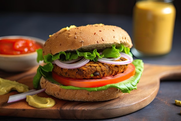 Hamburguesa vegana jugosa y sabrosa con verduras frescas y salsa casera