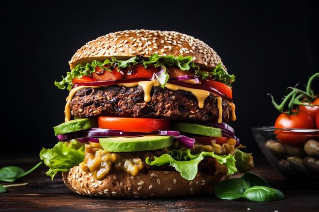 Hamburguesa vegana con un pan de grano entero y variados