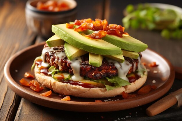 Hamburguesa vegetal con brotes de aguacate y tomates secos al sol