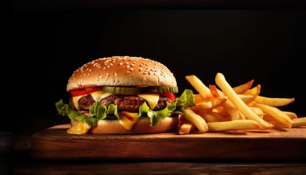 Hamburguesa vegetal con papas fritas en una tabla de madera sobre un fondo negro IA generativa