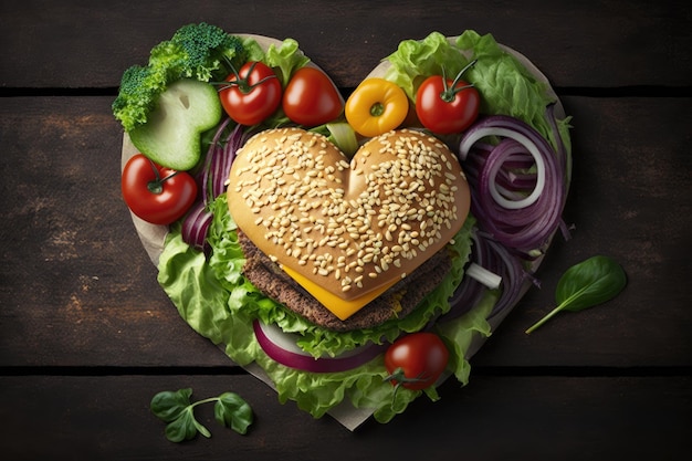 Hamburguesa vegetariana con ensalada fresca y queso en hamburguesa en forma de corazón