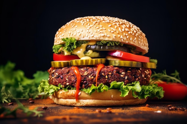 Una hamburguesa vegetariana con una jugosa hamburguesa vegetal