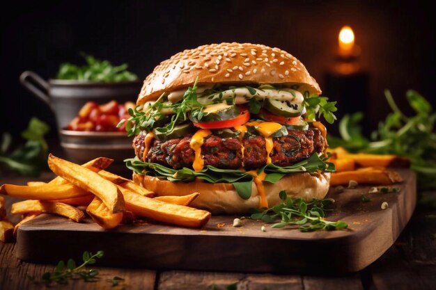 Hamburguesa vegetariana de lentejas con salsa de mostaza de rúcula, verduras frescas y papas fritas de batata dulce en un plato de madera