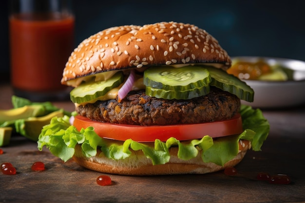 Hamburguesa vegetariana en pan tostado cubierto con lechuga, tomate y pepinillo