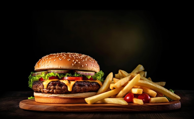 Hamburguesa vegetariana con papas fritas en una tabla de madera sobre un fondo oscuro IA generativa