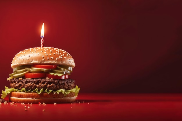 Hamburguesa con una vela de cumpleaños en un fondo rojo ai generativo