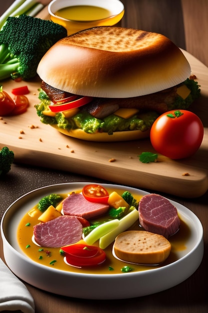 Una hamburguesa con verduras y carne en un plato.