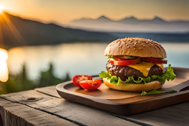 Una hamburguesa con vistas a una montaña al fondo.