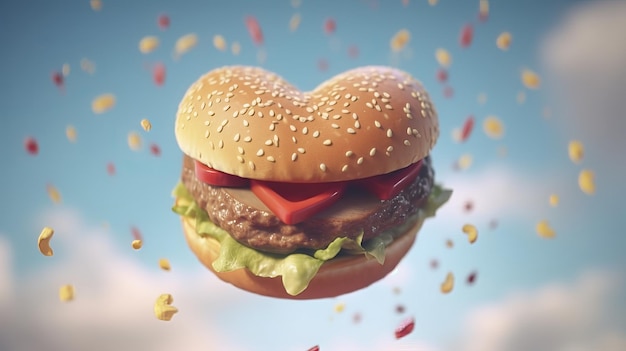 Hamburguesa voladora con bollo en forma de corazón Perfecta para los amantes de las hamburguesas