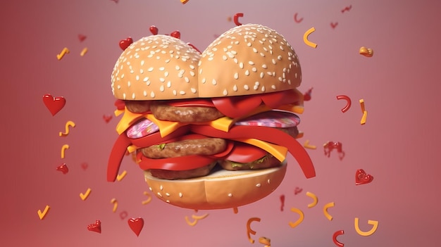 Hamburguesa voladora con bollo en forma de corazón Perfecta para los amantes de las hamburguesas