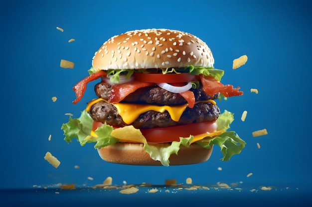 hamburguesa volando sobre fondo azul Red neuronal generada en mayo de 2023 No basada en ninguna escena o patrón real