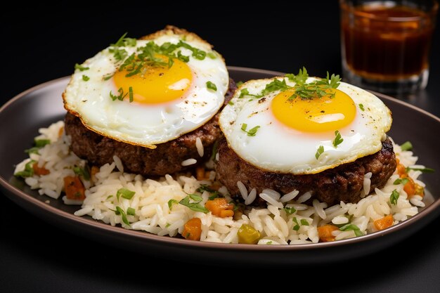 Hamburguesas de barbacoa con arroz frito y huevo