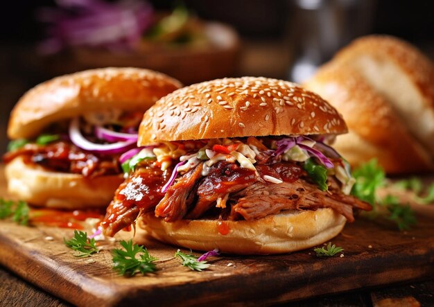 Hamburguesas de carne de res y cerdo con ensalada y salsa de barbacoa en la mesa