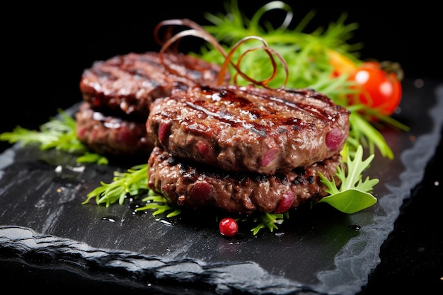 Hamburguesas de carne de res con tocino en tablero de pizarra