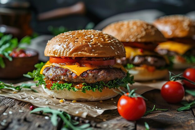 Foto hamburguesas caseras sobre un fondo oscuro