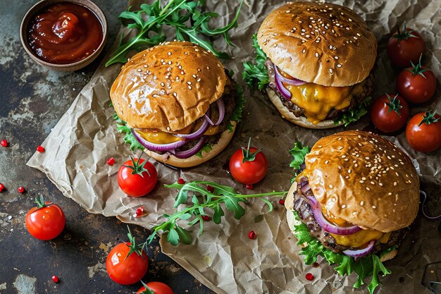 Foto hamburguesas caseras sobre un fondo oscuro