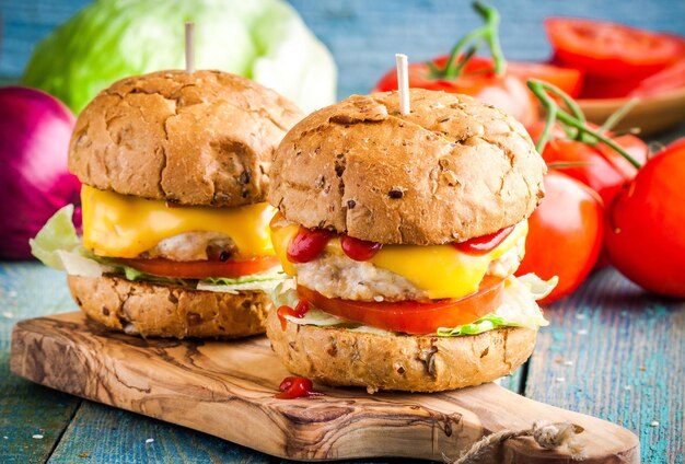 Hamburguesas caseras con verduras frescas y chuletas de pollo sobre mesa de madera