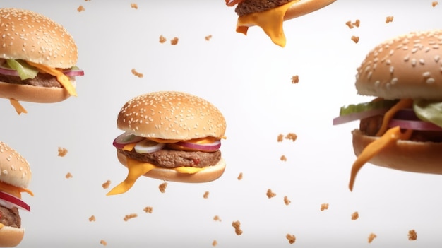 Foto hamburguesas cayendo desde arriba sobre un fondo blanco generado por ia