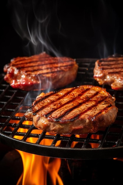 hamburguesas cocinadas en una parrilla con llamas en el fondo