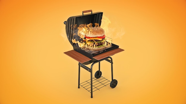 Hamburguesas cocinando a la parrilla con llamas 3D rendering