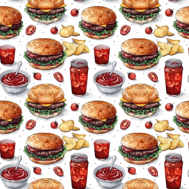 Hamburguesas de estilo vectorial de comida rápida con patrón sin costuras